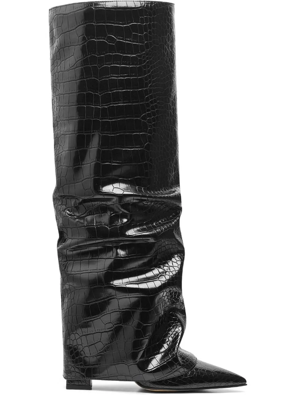 Women's Black Comfortable Pointed Toe Fold Over Chunky Slouchy Knee High Boots